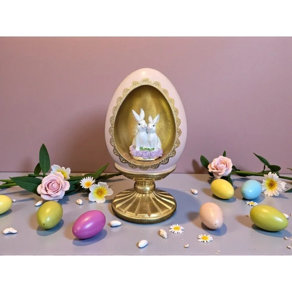 New Easter Diorama Pink Gold Egg Pedestal Bunny Rabbit Resin Figurine Decor 9.5
